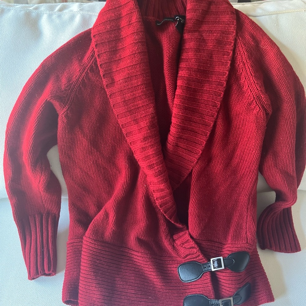 Red longer length wrap sweater